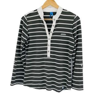 GG Blue gray green striped henley style top with button tab sleeves size small